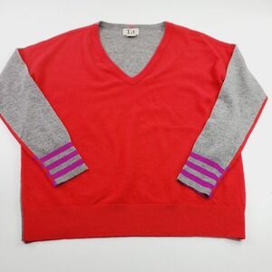 L+t Women Colorblock Sweater Size Medium wool blend Red & Gray Casual v-neck